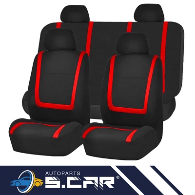 Set Coprisedili Universali Per Auto Anteriori Posteriori Nero Rosso - Immagine 1 di 2