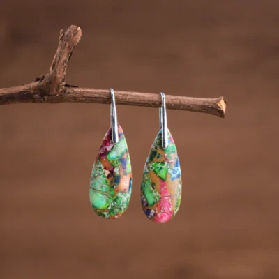 Natural Sea Sediment Jasper Drop Earrings Teardrop Dangle Earrings Handmade - Image 1 of 2