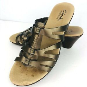 Clarks Bendables Bronze Metallic  Leather 7 M Heel Slip On Sandal Shoe Mule
