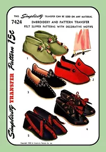 Zapatillas de fieltro 5 estilos bordado simplicidad 7424 de colección 1948 patrón de costura - Imagen 1 de 6