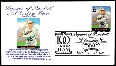 RVD Cachet 2000 Legends of Baseball Roger Hornsby FDC All Century Team Foto 1 de 2