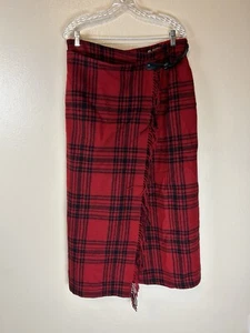 Eddie Bauer Legend Blanket Skirt 16 100% Wool Red Buckle Fringe Tartan Plaid - Picture 1 of 4