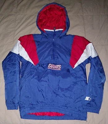 VTG 90s NEW YORK GIANTS STARTER PUFFER PULLOVER 1/2 ZIP JACKET YOUTH MEDIUM HOOD - Image 1 of 4