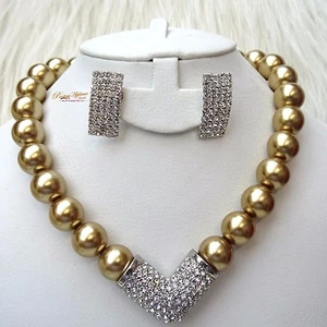 Kristall V Qualität Perlen Golden Üppig Braut Hochzeit Party Schmuck Set - Bild 1 von 22