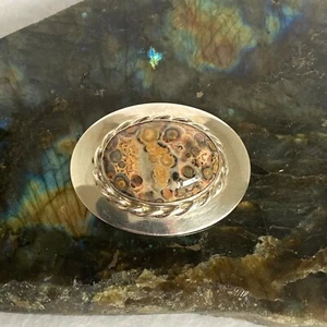 VTG Sterling Silver 925 VHC Oval Bezel Set Leopard Skin Jasper Cabochon Brooch - Picture 1 of 21