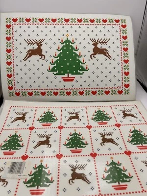 1984 Vintage Christmas Placemats w deer trees hearts Holiday set of 4 Party - Image 1 of 4
