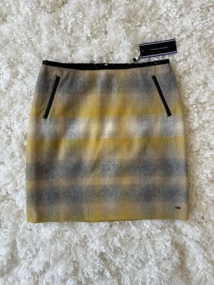 Tommy Hilfiger Lined Plaid Skirt Yellow/Tan/Grey w/Leather Trim Size 4 New w/Tag - Image 1 of 4