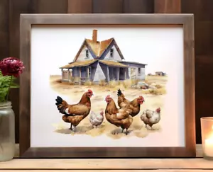 Chickens Art Print, Chickens Farmhouse Wall Art Decor, Farm Animals - Picture 1 of 2