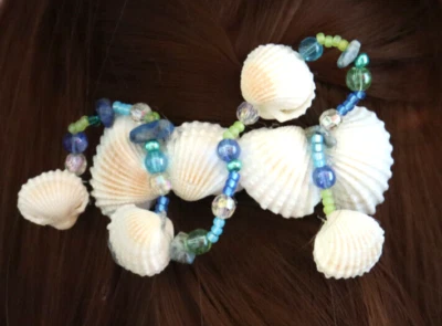 CORREA PARA EL PELO CONCHA DE MAR AZUL VERDE PASADOR HECHO A MANO PLAYA SIRENA BODA 4 X 2,5 Foto 1 de 4
