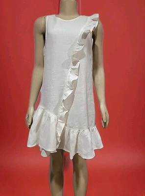 Vestido túnica para mujer Saks Fifth Avenue 100 % lino talla M con volantes blanco roto #C Foto 1 de 4