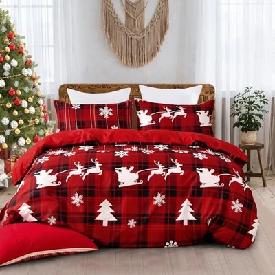  Juego de edredón de Navidad 7 piezas, cama roja en bolsa, Santa King Buffalo a cuadros Foto 1 de 4