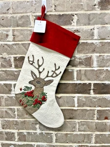 Medias de Navidad Pottery Barn bordadas crewel RENO ciervo Buck Bells NUEVO - Imagen 1 de 7