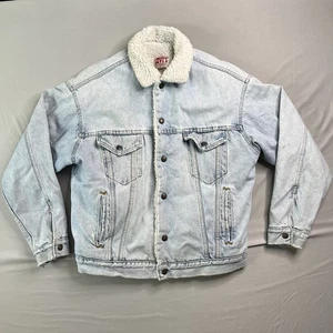 Vtg Levi's Trucker Jacket Mens Medium Light Blue Sherpa Fleece Denim Distressed - Picture 1 of 21