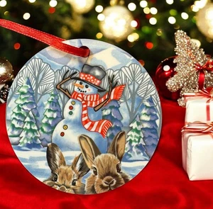 Muñeco de Nieve y Conejos Redondo Madera Adorno de Navidad Nuevo - Imagen 1 de 2