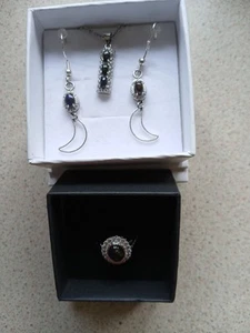 Black Opal Silver Earrings Necklace And Ring Set Adjustable - Picture 1 of 4