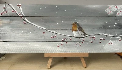 Hand Painted Christmas Robin Picture Onto Wooden Board 495 X 195 X 20mm - Image 1 of 2