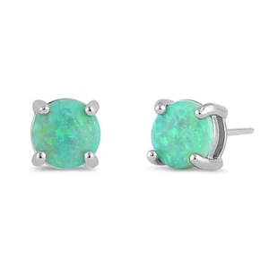 Sterling Silver Round Green Opal Stud Earrings New - Picture 1 of 4