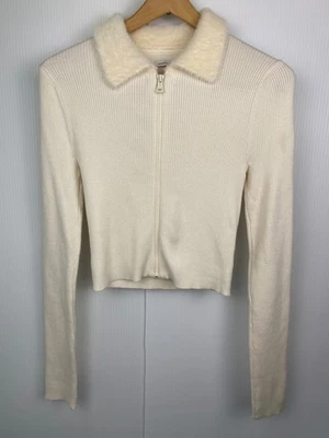American Eagle Ribbed Cropped Zip Sweater Women MED. Cream Faux Fur Collar Boho - Image 1 of 4