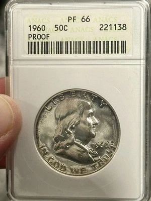 1960 Franklin Half Dollar Silver Proof PF 66 in ANACS Vintage Soapbox Old holder - Image 1 of 4