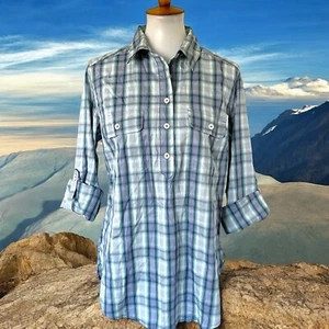 Ridgecut Shirt Womens Medium Blue Plaid Popover Pockets Roll Tab Sleeves Casual - Picture 1 of 22