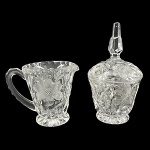 Vintage Etched Cut Glass Crystal Creamer & Lidded Sugar Bowl Faceted Finial - Picture 1 of 9