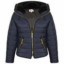 Girls Jacket Kids Padded Navy Puffer Bubble Fur Collar Quilted Warm Thick Coats