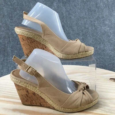 Tacones Seychelle Mujer 7 M Punta Abierta Cuña Cordón Rojo Terciopelo Beige Tela Foto 1 de 4