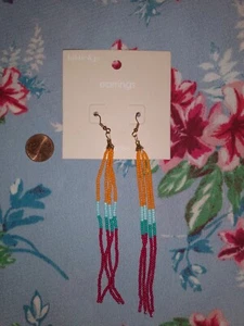 Hildie & Jo bunte orange, türkis & rosa Perlen lange 💙 Ohrhänger - Bild 1 von 2