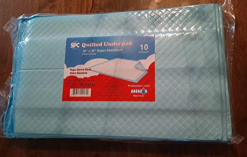 SPC QUILTED UNDERPAD 30"X36" BED PADS 1 Pack of 10 (10 Pads) With Tape Down Back