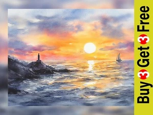 Radiant Ocean Sunset 5"x7" Print on Matte Paper | Serene Seascape Watercolor Art - Picture 1 of 7