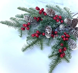 Christmas Pine cone Stem Red Berry Stems Faux Silk Flower Xmas Deco Flowers x 1 - Picture 1 of 8