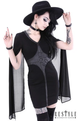 Vestido Restyle Capa Anillos en O Gótico Rocker Emo Punk Mujer Lápiz Gótico Vestido  Foto 1 de 4