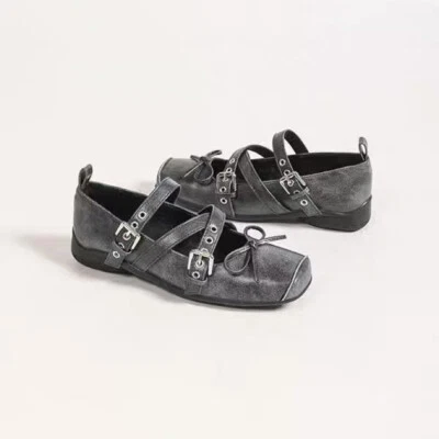 Женские 2025 повседневные спортивные балет танец туфли квадратный носок ретро бант туфли на плоской подошве  - Изображение 1 из 4