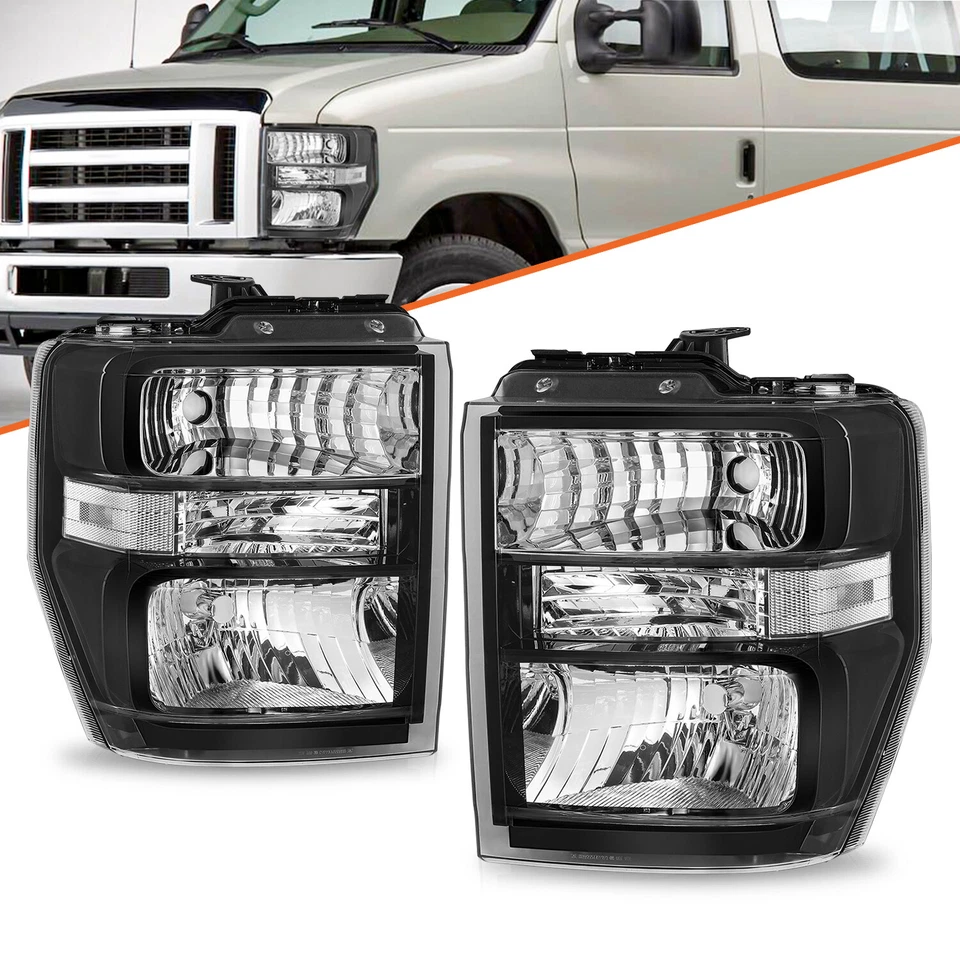 For 2008-2014 Ford E150 E250 E350 E450 Superduty Halogen Black Headlight Pair - Изображение 1 из 4