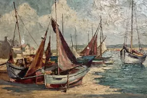 Antico dipinto olio paesaggio originale, vista mare, barche firmato - Foto 1 di 8