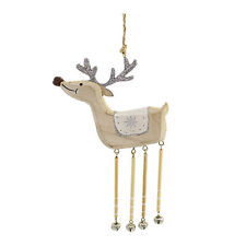 Holiday Ornament Deer With Glitter Antlers Wood Bells Dangle Legs