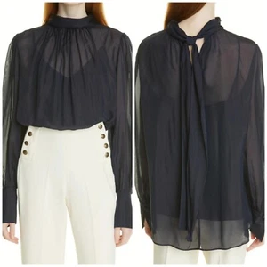 HUGO BOSS Itega Tie Neck Sheer Silk Top Blouse Women's Sz 8 Color Midnight $298 - Picture 1 of 12