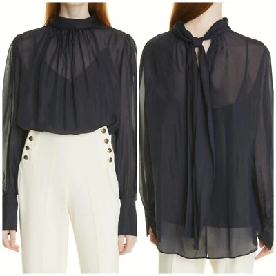 HUGO BOSS Itega Tie Neck Sheer Silk Top Blouse Women's Sz 8 Color Midnight $298 - Image 1 of 4