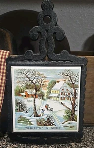 Vintage Enesco Cast Iron Tile Trivet "The Homestead In Winter" Japan Farm MCM - Picture 1 of 8