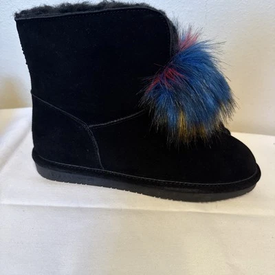 BEARPAW boots Libby Suede Sheepskin & wool Black With Multicolor Pom Size 10 NEW - Image 1 of 4