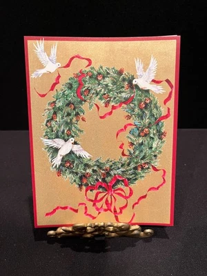 (20) Caspari Boxed Christmas Cards-Wreath-Red Ribbons-Doves-Open box - Image 1 of 4