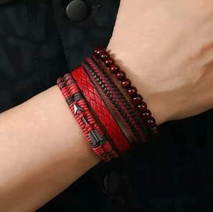 Leder Holz Armband 4 Teilig Rot Schwarz Herren Frauen Unisex Punk Rocker Schmuck - Bild 1 von 5