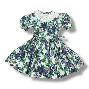 Vtg Handmade Girl’s Dress Purple Floral Rose Puff Sleeves Tie Side Waist 13x26” - Picture 1 of 13