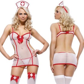 #99 Sexy Womens Sheer First Aid Nurse Mini Slip Dress Lingerie with G-String Hat