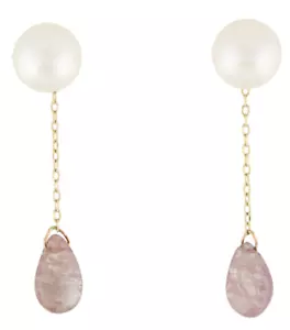 14K Zafiro Rosa & Perla Pendientes Gota Colgante Juego en Amarillo Oro - Imagen 1 de 3