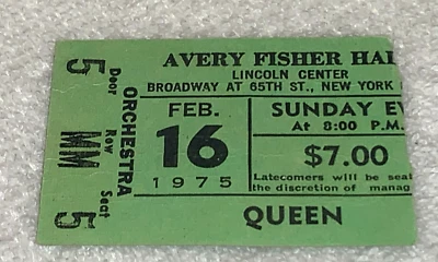 QUEEN 1975 BOX OFFICE CONCERT TICKET STUB AVERY FISHER HALL NY Freddie Mercury - Image 1 of 4