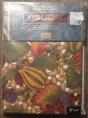 Tobin Round 70" Tablecloth Garden Harvest Thanksgiving Fall Fruit Cotton Turkey - Image 1 of 4