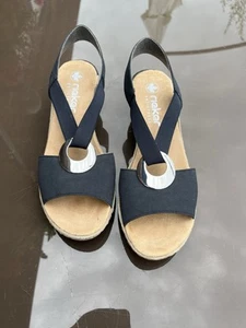 Sandalias de cuña Rieker Antistress azul marino oscuro elásticas - usadas una vez brevemente talla 7,5 - Imagen 1 de 4