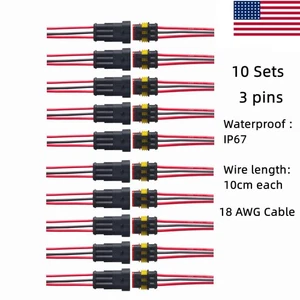 10 Kit Waterproof 3-Pin Way 18AWG Terminals Plug Wire Connectors with 10cm Wire - Picture 1 of 8