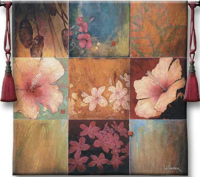 Tapiz tropical de nueve parches para colgar en la pared flores de hibisco diseño de isla 52x53"  Foto 1 de 4